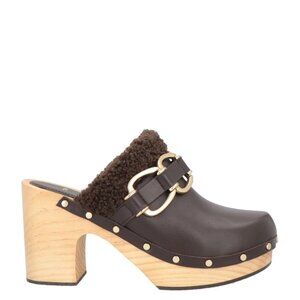 NEW Maje Leather Clogs Teddy Fleece Wool Trim Mules Chain 41